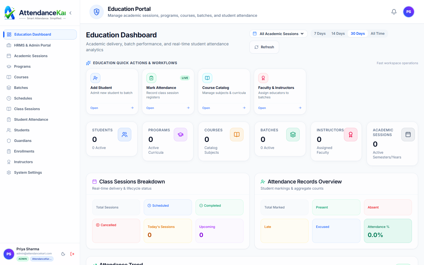 AttendanceKart Education Hub dashboard displaying student enrollments, programs, batches, and attendance percentages