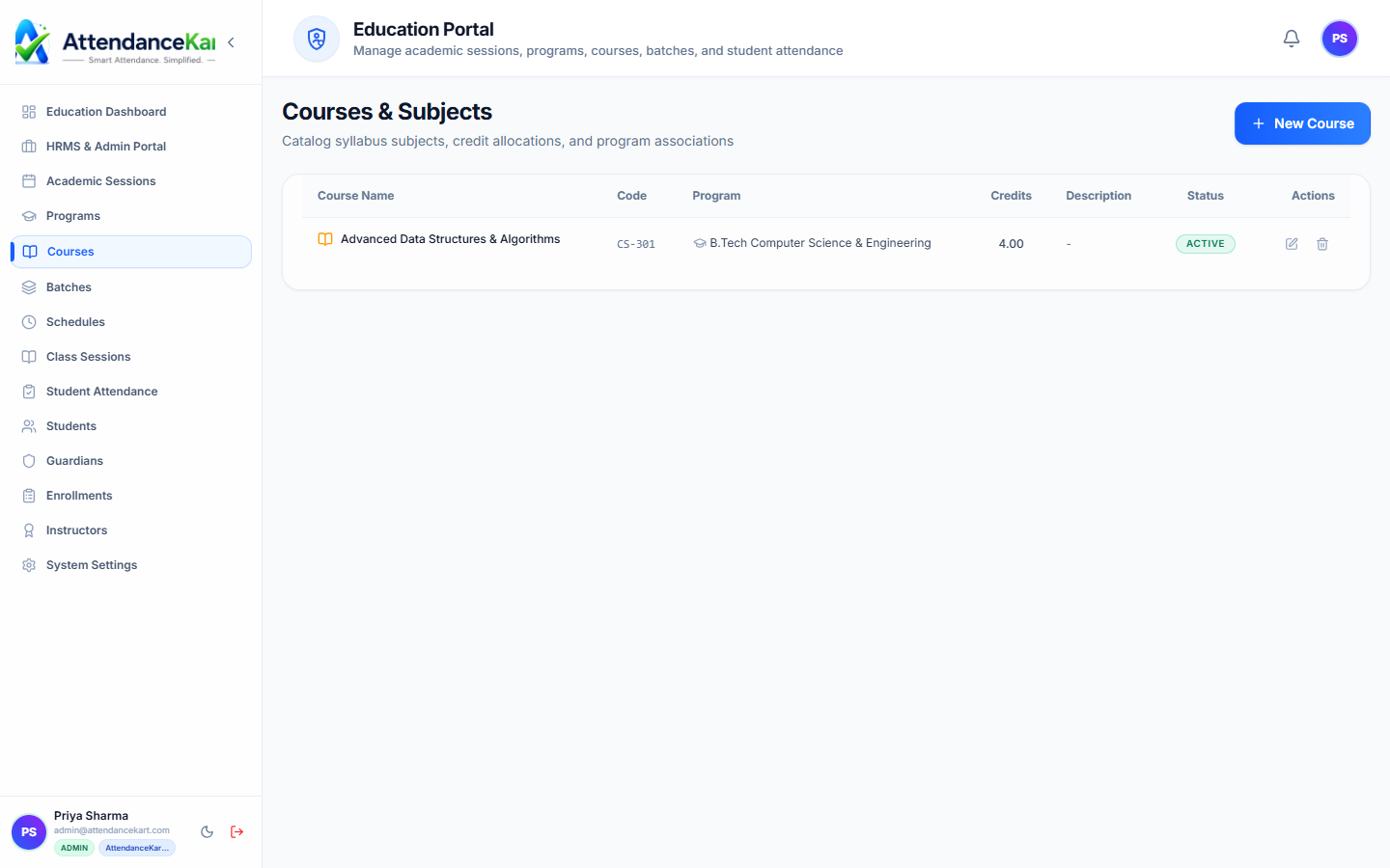 AttendanceKart Course Catalog table with subject codes, course names, credit values, and program affiliations
