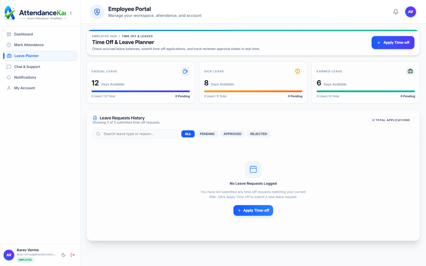 AttendanceKart Employee Leave Portal showing leave balance cards and application submission form