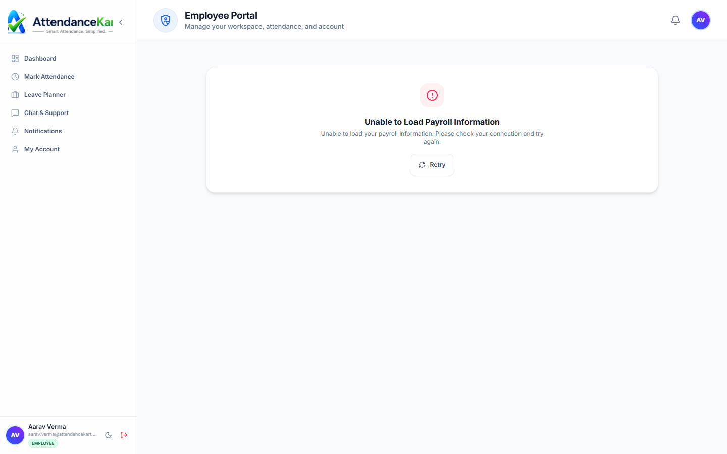 AttendanceKart Employee Payslip Portal showing itemized earnings, deductions, and net salary payout