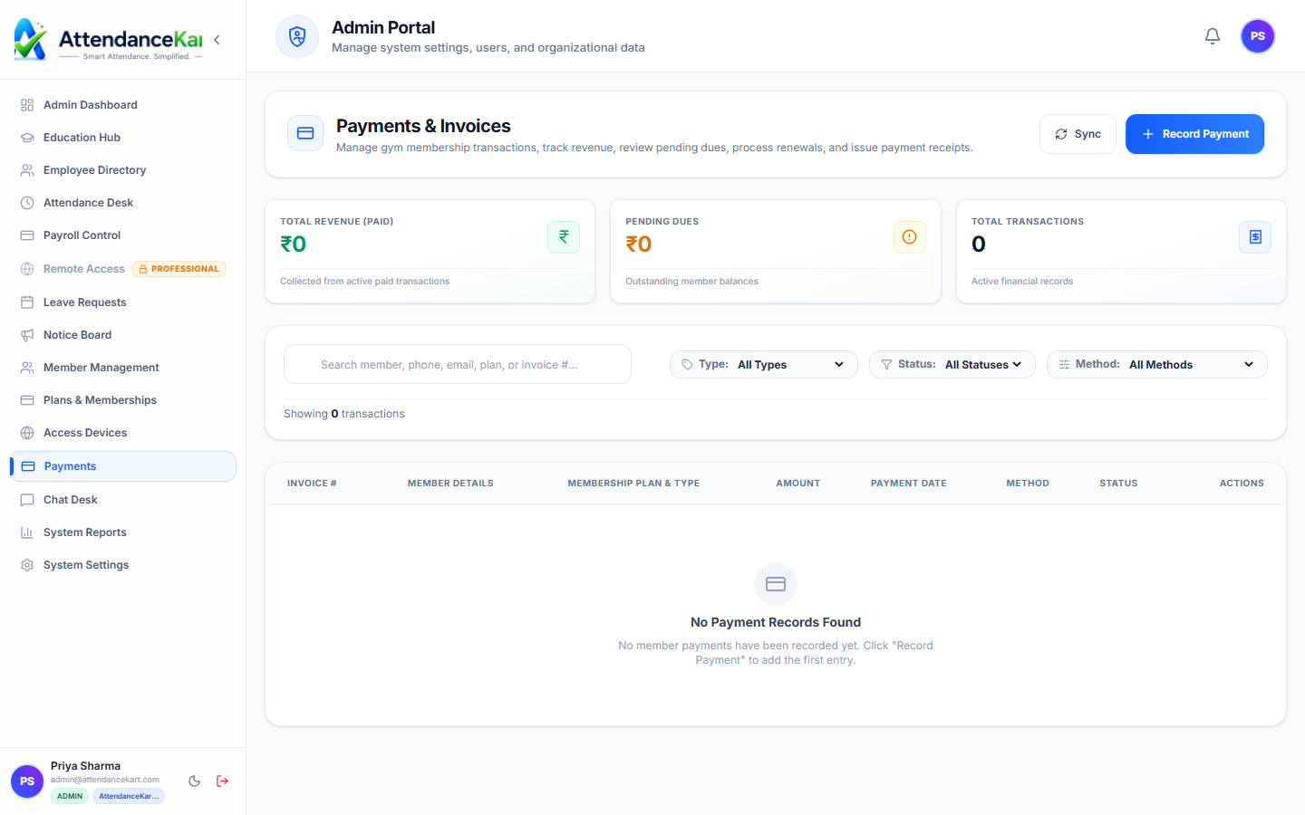 AttendanceKart Payments and Billing table with transaction receipts, invoice numbers, and payment status