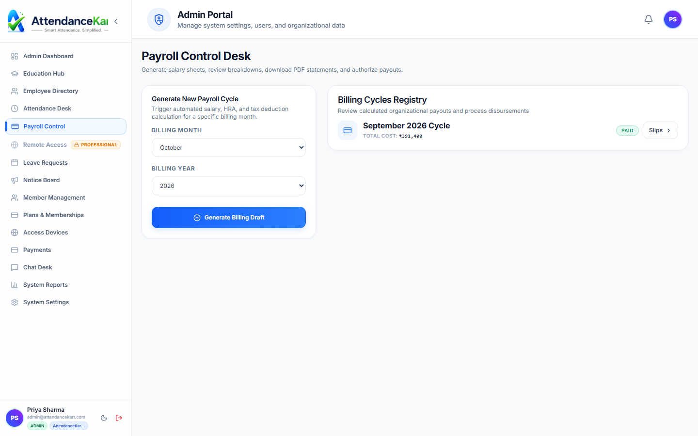 AttendanceKart Payroll Control dashboard showing monthly salary runs, gross compensation, and automated deductions