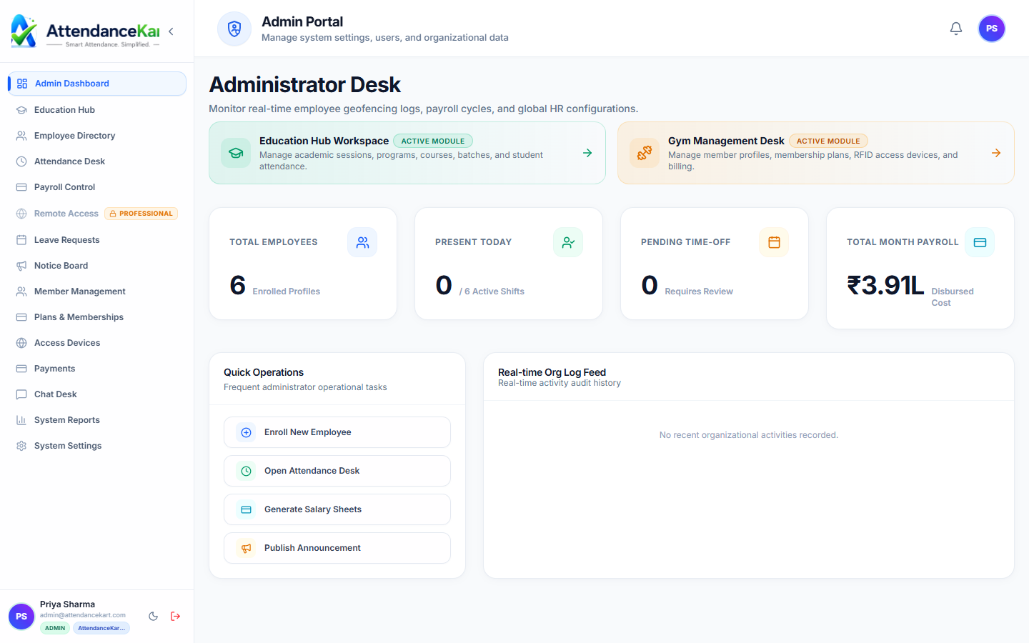 AttendanceKart Admin Dashboard displaying operational KPI metrics, real-time presence indicators, and quick action bars
