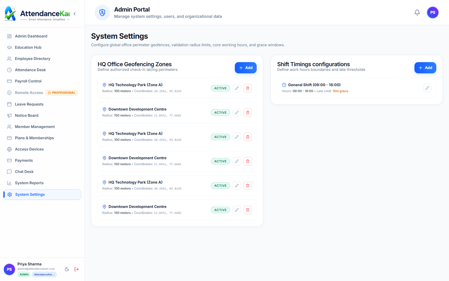 AttendanceKart System Settings displaying shift rules, work hours, and geofence boundary configuration